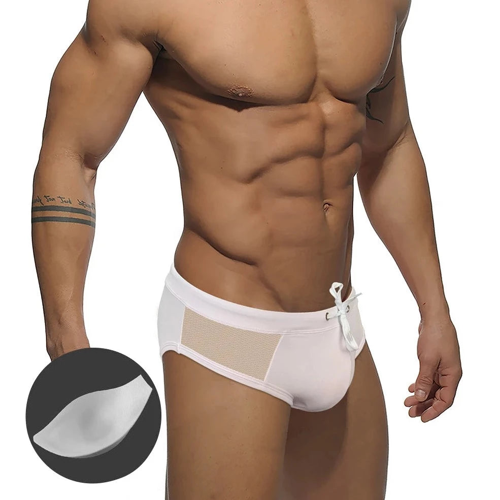 a sexy gay man in white Men's Sideshow Mesh Swim Briefs - pridevoyageshop.com - gay men’s underwear and swimwear