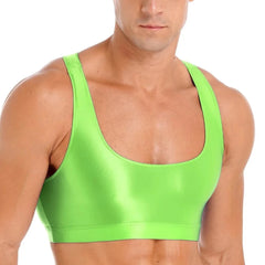 a sexy gay man in Fluorescent Green Men's Glossy Sports Crop Top | Gay Crop Tops & Sports Wear - pridevoyageshop.com - gay crop tops, gay casual clothes and gay clothes store