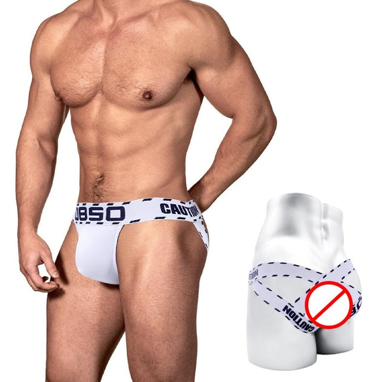 front of a man in White OBSO Men's G-String Jockstrap Underwear - pridevoyageshop.com - gay men’s underwear and swimwear