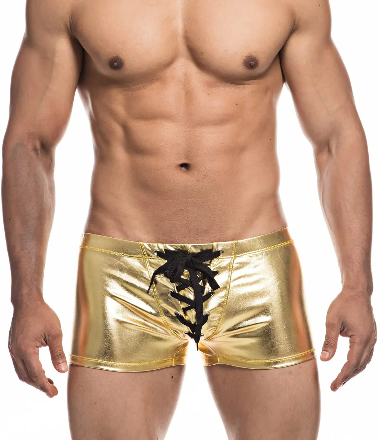 a hot gay man in gold Shiny Metallic Faux Leather Swim Trunks - pridevoyageshop.com - gay men’s underwear and swimwear