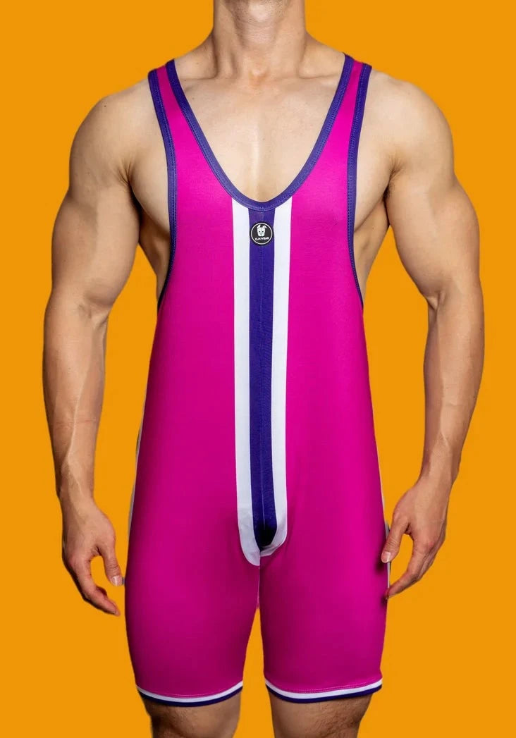 a hot gay man in Rose Red DM Striped Wrestling Singlet - Men's Singlets, Bodysuits, Rompers & Jumpsuits - pridevoyageshop.com