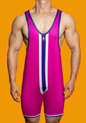 a hot gay man in Rose Red DM Striped Wrestling Singlet - Men's Singlets, Bodysuits, Rompers & Jumpsuits - pridevoyageshop.com