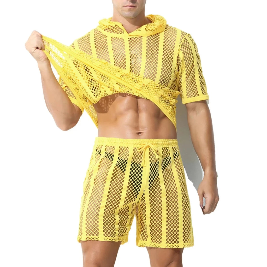 a hot gay man in yellow Men's Striped Hoodie Mesh Suit - pridevoyageshop.com - gay men’s underwear and swimwear