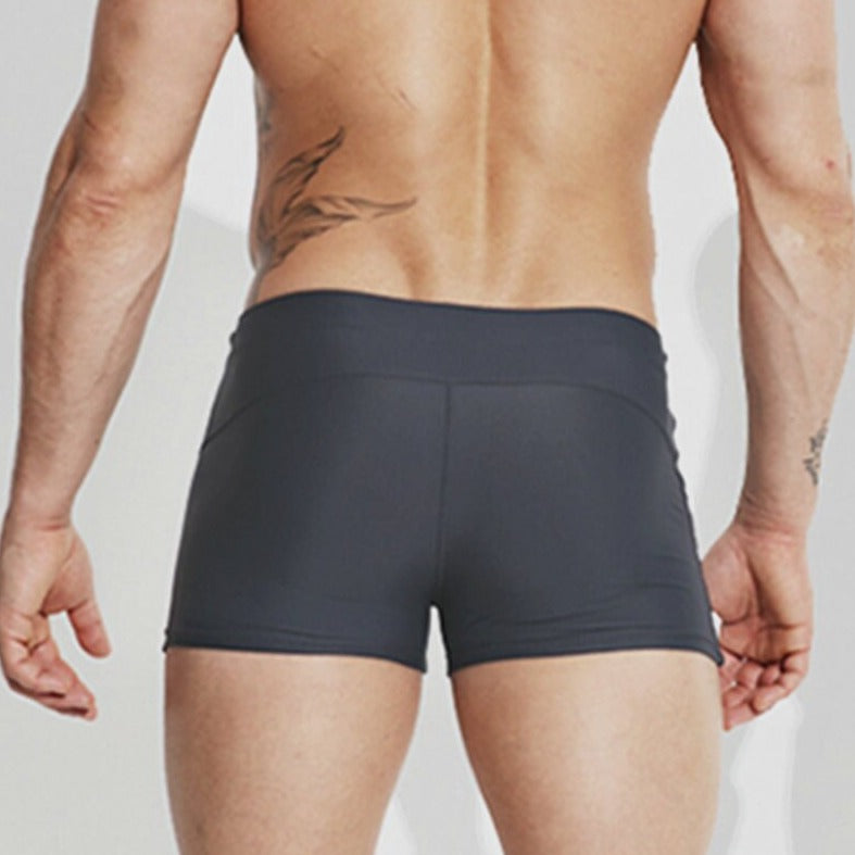 sexy gay man in dark gray Gay Swimwear | Sexy Mens Pouch Square Cut Swim Trunks - pridevoyageshop.com - gay men’s underwear and swimwear