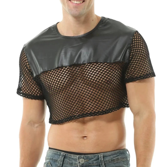 a hot gay guy in Men's Black PU Leather Fishnet Crop Top | Gay Crop Tops - pridevoyageshop.com - gay crop tops, gay casual clothes and gay clothes store