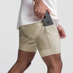 sexy gay man in Khaki Men's Built In Compression Workout Shorts | Gay Shorts - Men's Activewear, gym short, sport shorts, running shorts- pridevoyageshop.com