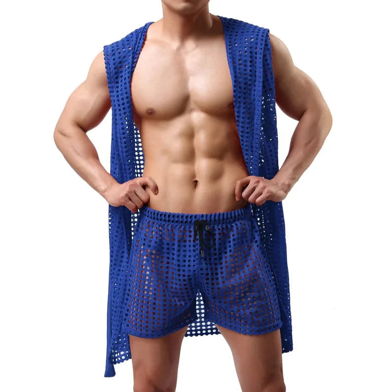 a hot man in blue Lord Hooded Mesh Lounge Robe - pridevoyageshop.com - men's pajamas, men's loungewear, men's sleepwear