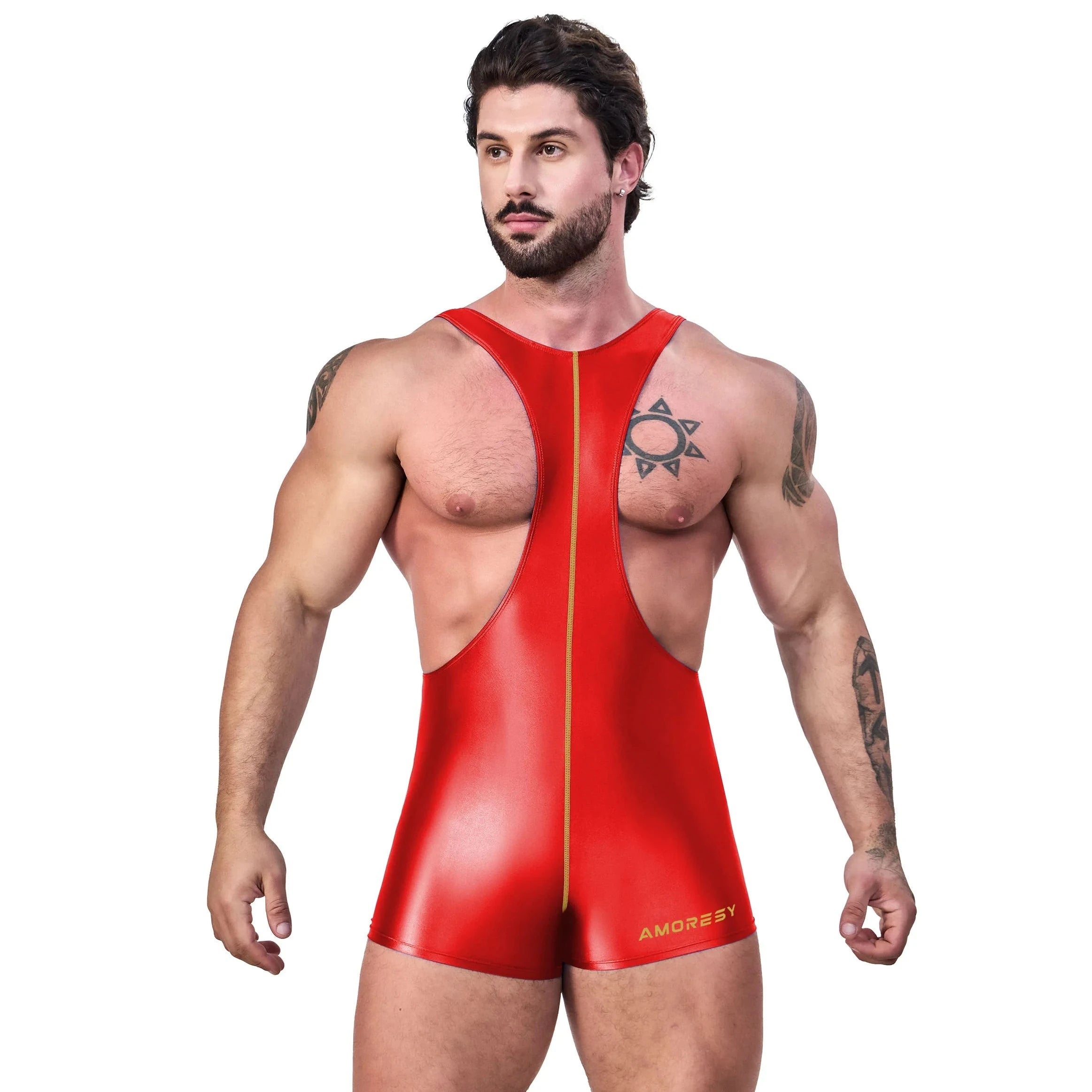 a sexy gay man in red Glossy Bodybuilder Singlets - Men's Singlets, Bodysuits, Rompers & Jumpsuits - pridevoyageshop.com