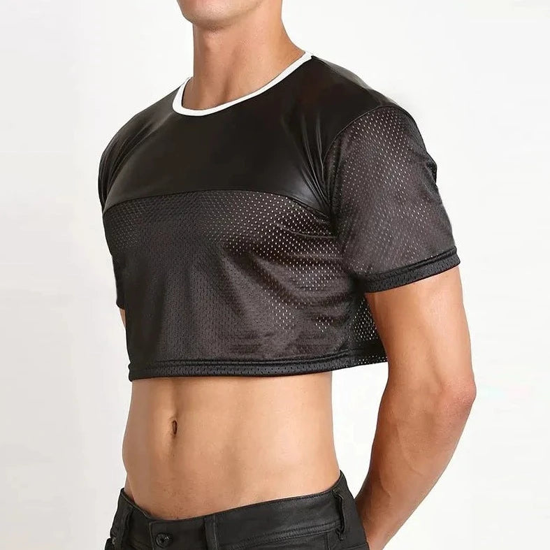 a hot gay guy in black Gay Fashion PU Leather Mesh Crop Tops | Gay Crop Tops & Clubwear - pridevoyageshop.com - gay crop tops, gay casual clothes and gay clothes store