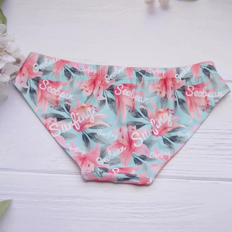 details of light blue Men's Floral Bikini Swim Briefs - pridevoyageshop.com - gay men’s underwear and swimwear