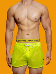 a hot gay man in Fluorescent Green Men's See-Thru Strap Shorts - Men's Activewear, gym short, sport shorts, running shorts- pridevoyageshop.com