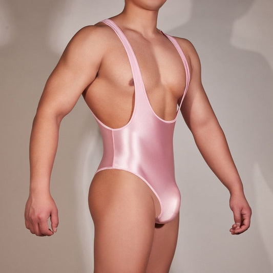 sexy gay man in pink Gay Bodysuit and Singlet | Men's Glossy High Elastic Bodysuit - Men's Singlets, Bodysuits, Leotard & Unitard - pridevoyageshop.com