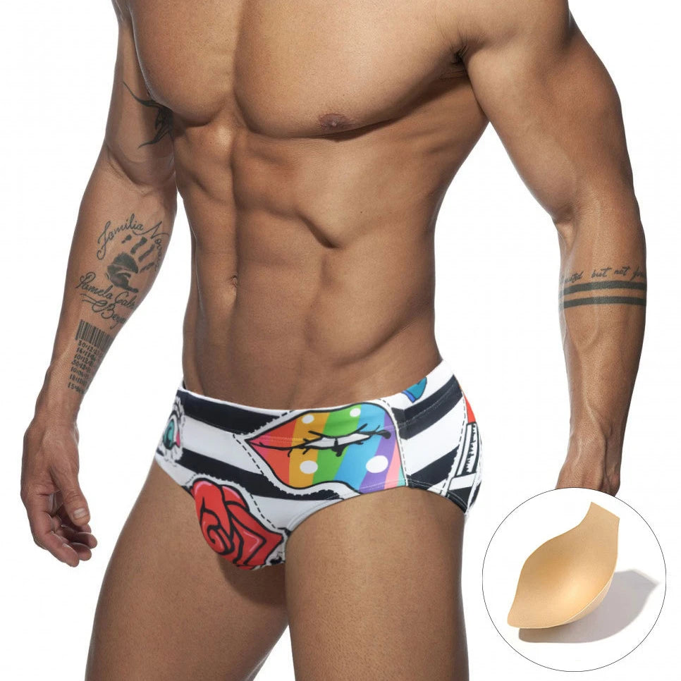 a hot gay man in Rose and Lips Swim Briefs - pridevoyageshop.com - gay men’s underwear and swimwear
