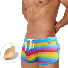 hot gay man in Gay Swimwear | Gay Men's Rainbow Drawstring Swim Trunks - pridevoyageshop.com - gay men’s underwear and swimwear