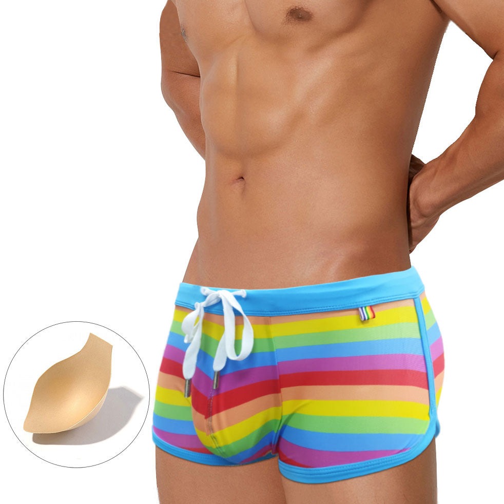 hot gay man in Gay Swimwear | Gay Men's Rainbow Drawstring Swim Trunks - pridevoyageshop.com - gay men’s underwear and swimwear