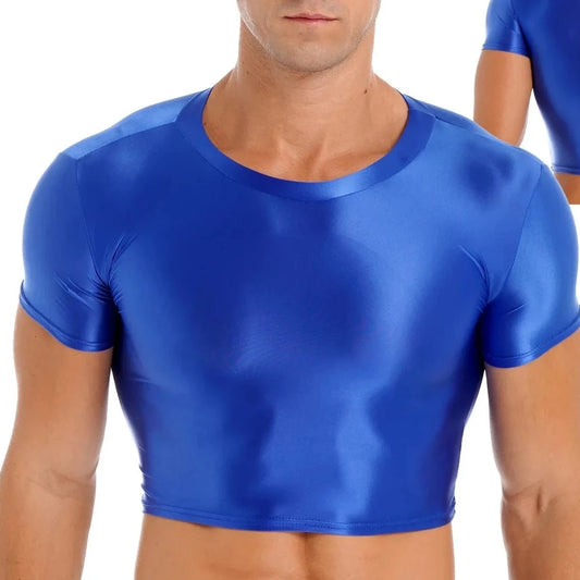 a hot gay guy in blue Men's Glossy Short Sleeve Sports Crop Top | Gay Crop Tops - pridevoyageshop.com - gay crop tops, gay casual clothes and gay clothes store