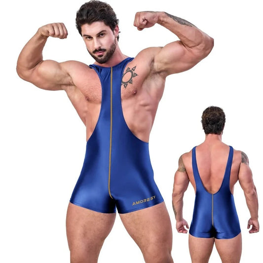 a sexy gay man in Navy blue Glossy Bodybuilder Singlets - Men's Singlets, Bodysuits, Rompers & Jumpsuits - pridevoyageshop.com