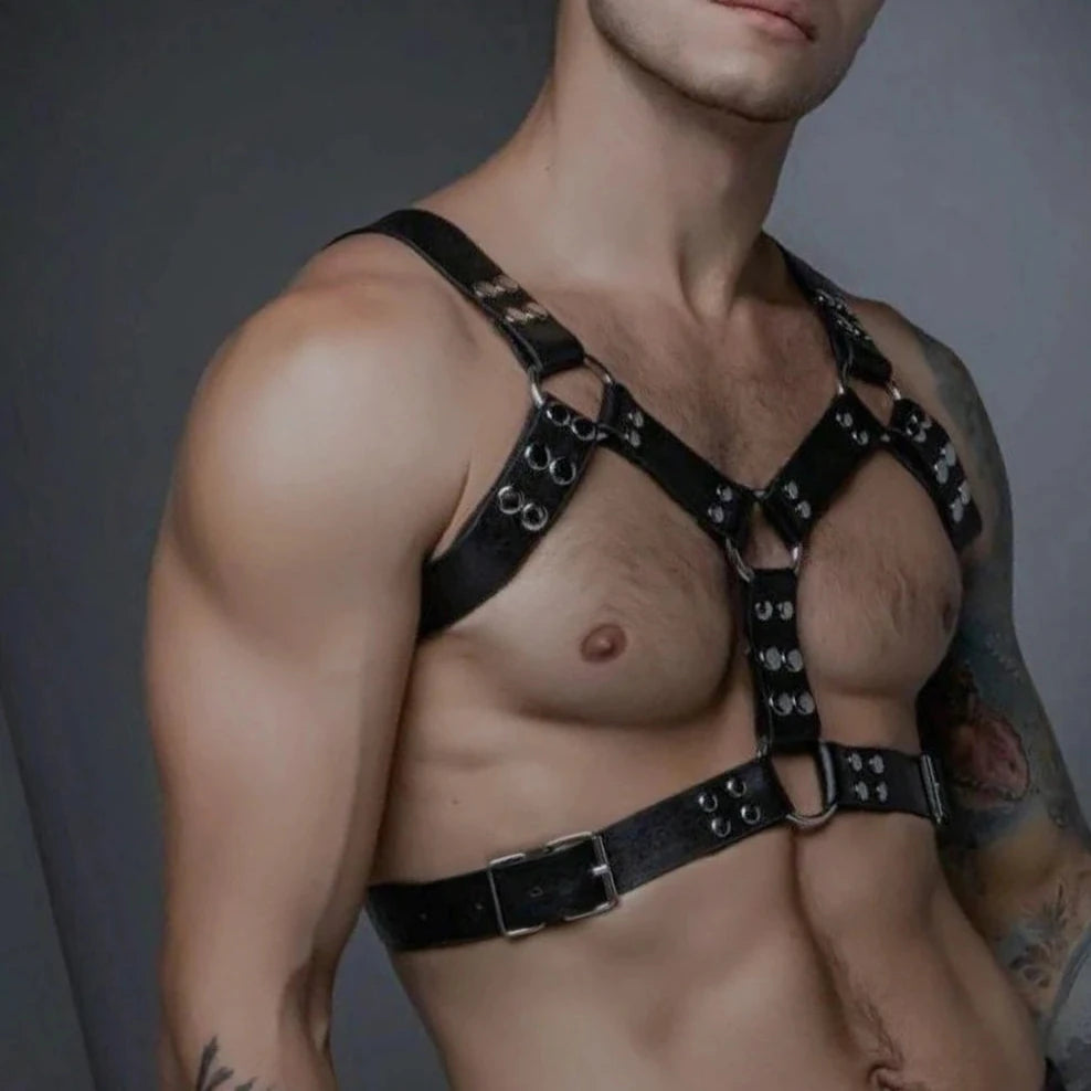 a sexy gay man in Dark Thrill Chest Harness -pridevoyageshop.com - gay men’s harness, lingerie and fetish wear