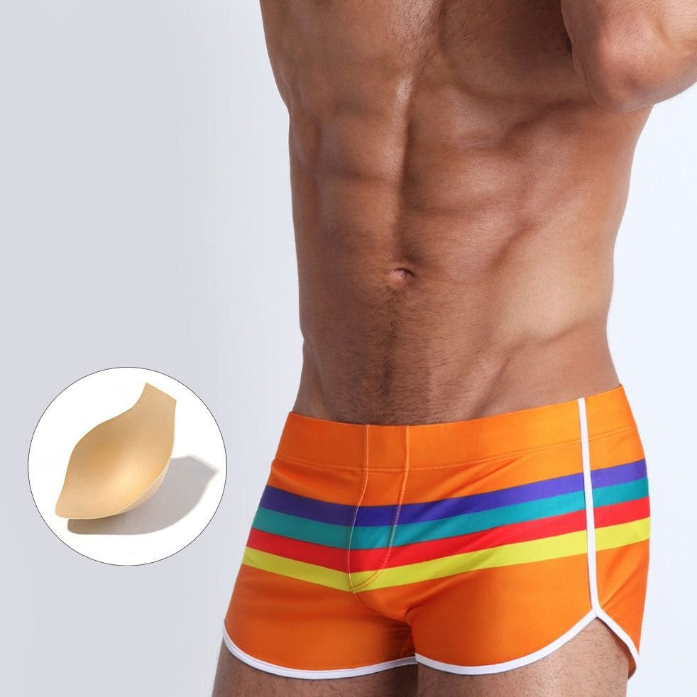 sexy gay man in orange Gay Swimwear & Beachwear | Men's Pride Stripe Swim Trunks - pridevoyageshop.com - gay men’s underwear and swimwear