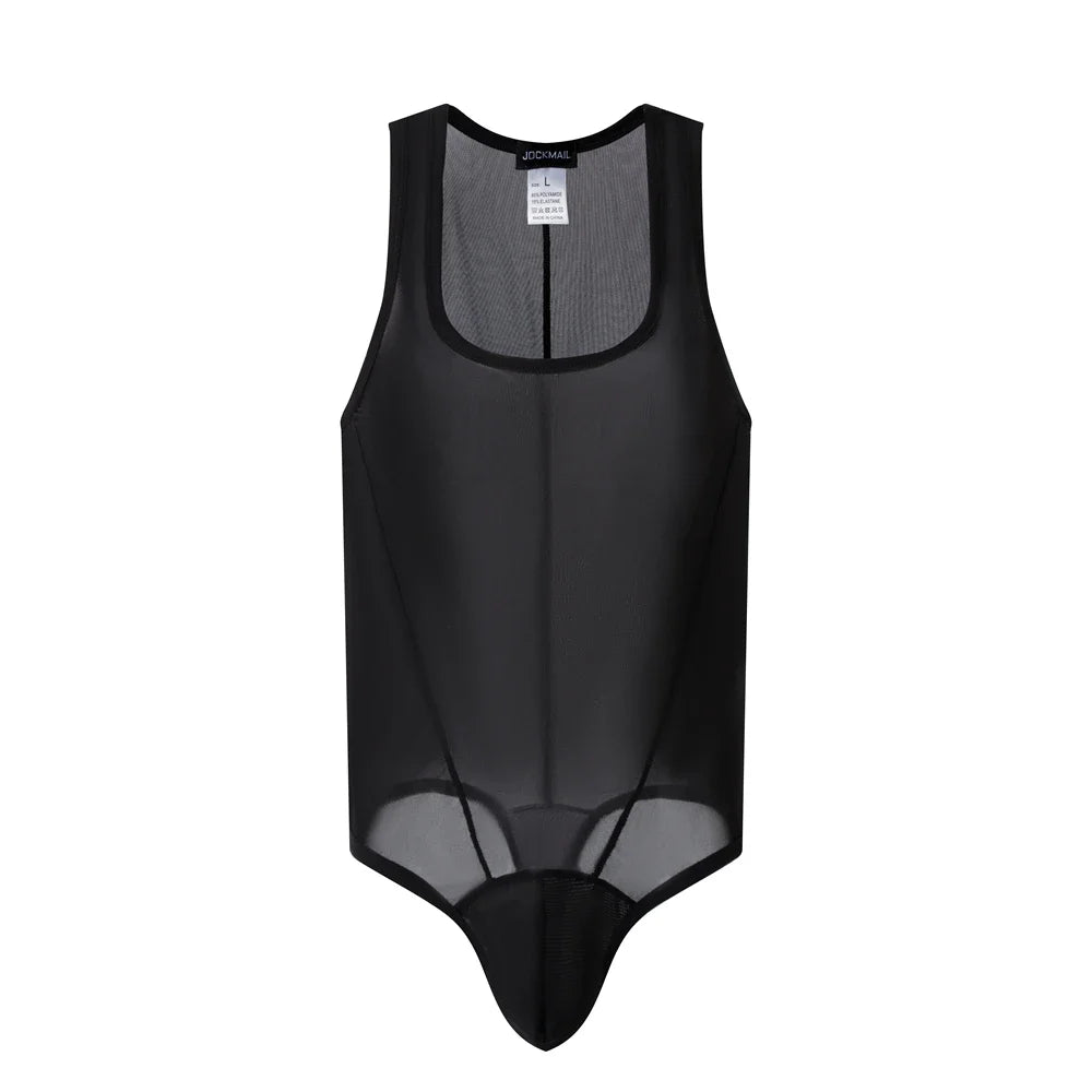flat lay of black sheer mesh high-cut leotard showing see-through stretch fabric and elastic trim, black color – pridevoyageshop.com – gay men’s harness, lingerie and fetish wear
