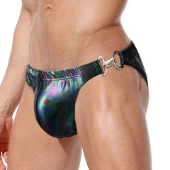 a hot gay man in black Men's Faux Leather Metal Clipper Swim Briefs - pridevoyageshop.com - gay men’s underwear and swimwear