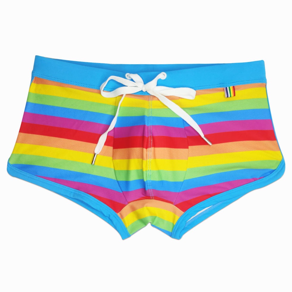details of Gay Swimwear | Gay Men's Rainbow Drawstring Swim Trunks - pridevoyageshop.com - gay men’s underwear and swimwear