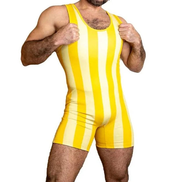 a sexy gay man yellow 80's Retro Striped Wrestling Singlets - Men's Singlets, Bodysuits, Rompers & Jumpsuits - pridevoyageshop.com