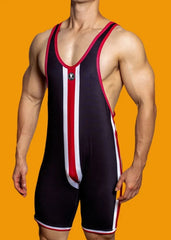 a hot gay man in black DM Striped Wrestling Singlet - Men's Singlets, Bodysuits, Rompers & Jumpsuits - pridevoyageshop.com