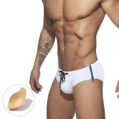 a sexy gay man in white Men's Zipper Swim Briefs - pridevoyageshop.com - gay men’s underwear and swimwear