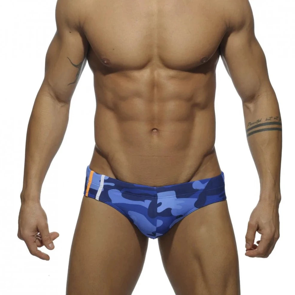 a sexy gay man in blue Men's Camo Swim Briefs - pridevoyageshop.com - gay men’s underwear and swimwear