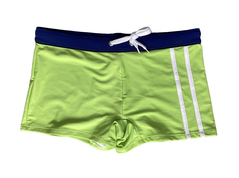 green Gay Swimwear | Men's Square Cut Racing Stripe Swim Trunks - pridevoyageshop.com - gay men’s underwear and swimwear
