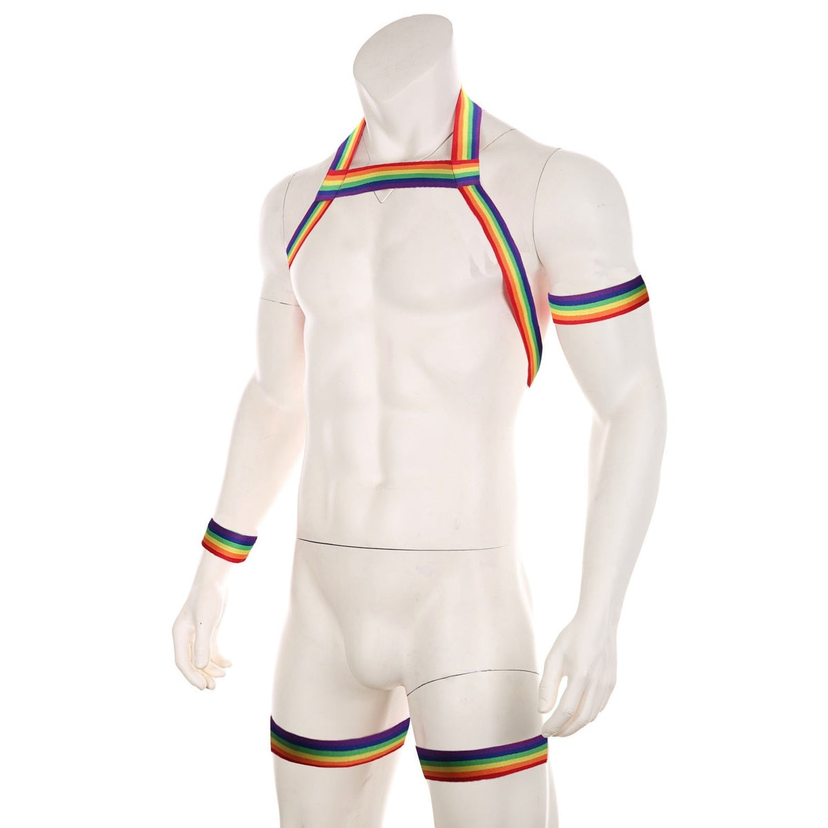 Rainbow White Elastic Full Body Halter-Harness Clubwear: Gay Male Lingerie- pridevoyageshop.com - gay men’s harness, lingerie and fetish wear