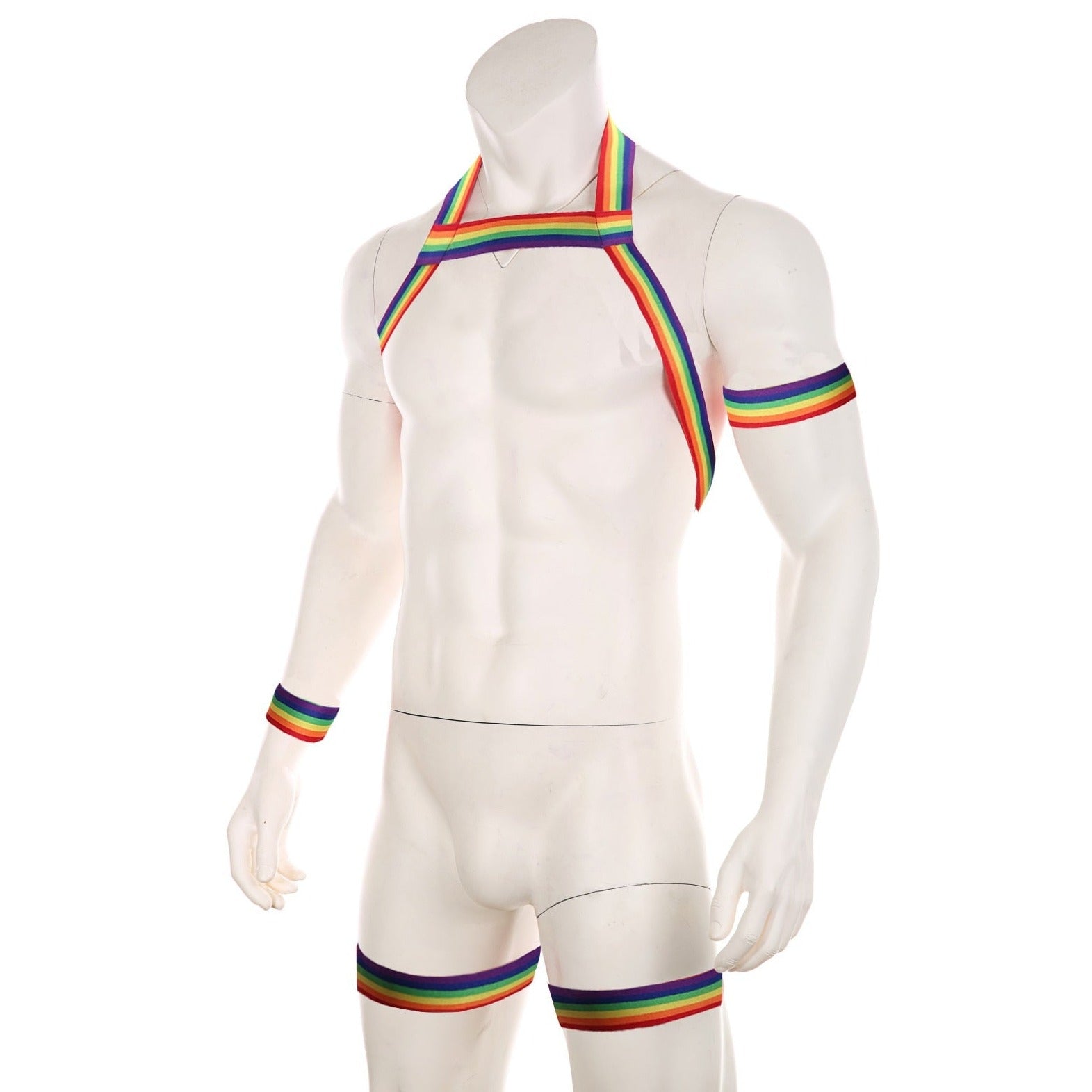 Rainbow White Elastic Full Body Halter-Harness Clubwear: Gay Male Lingerie- pridevoyageshop.com - gay men’s harness, lingerie and fetish wear