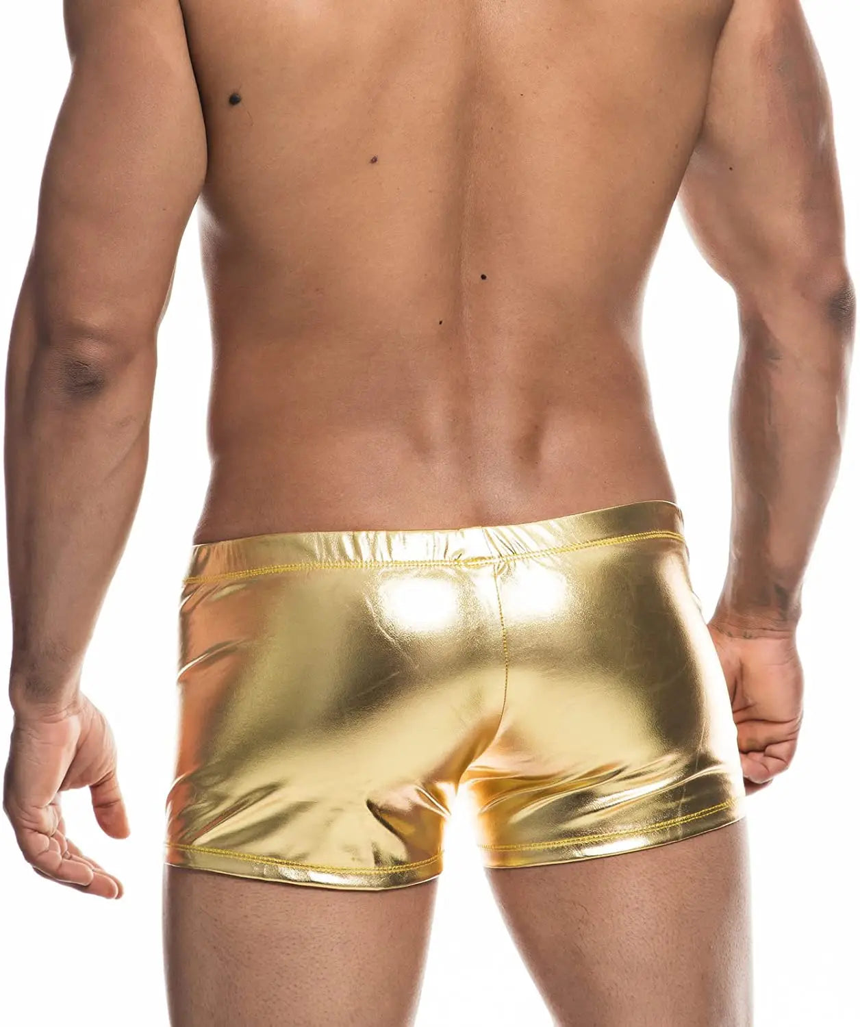 a hot gay man in gold Shiny Metallic Faux Leather Swim Trunks - pridevoyageshop.com - gay men’s underwear and swimwear