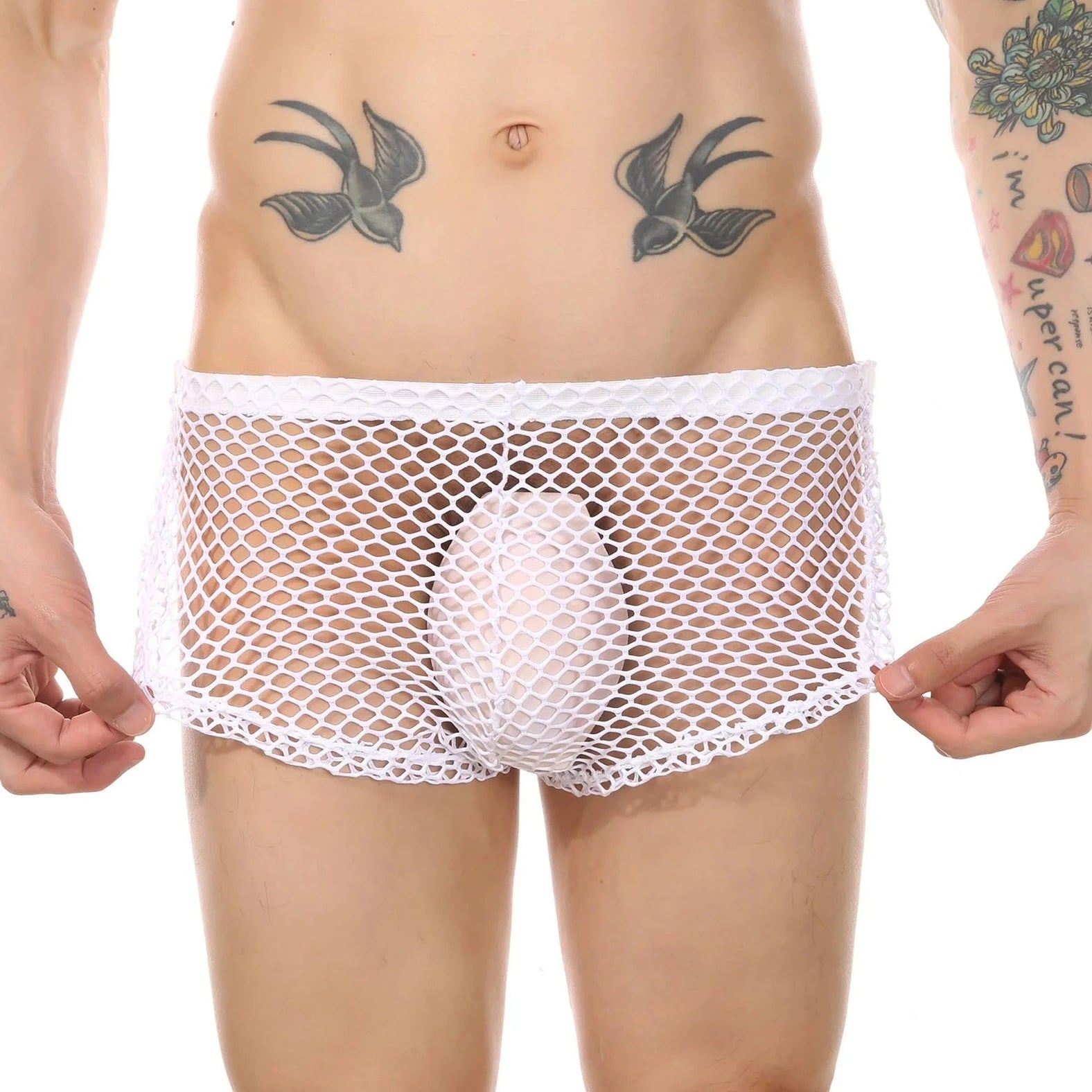 a sexy gay man in white Sexy Gay Men's Clipper Fishnet Briefs - pridevoyageshop.com - gay men’s underwear and swimwear