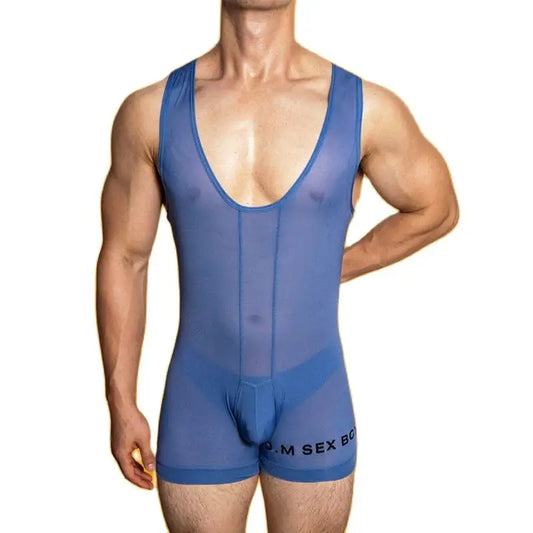 a sexy gay man in blue DM Sexy Boy See Through Singlet - Men's Singlets, Bodysuits, Leotard & Unitard - pridevoyageshop.com