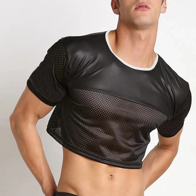 a hot gay guy in black Gay Fashion PU Leather Mesh Crop Tops | Gay Crop Tops & Clubwear - pridevoyageshop.com - gay crop tops, gay casual clothes and gay clothes store