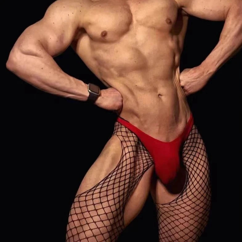 a sexy gay man in Lust Trap Crotchless Net Tights with Thigh Cutouts - pridevoyageshop.com - gay men’s bodystocking, lingerie, fishnet and fetish wear