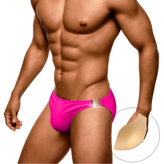 a sexy man in Neon fushia Men’s Climax Buckle Bulge Swim Briefs with pad - pridevoyageshop.com - gay men’s sexy swim briefs, trunks, board shorts, and bikinis