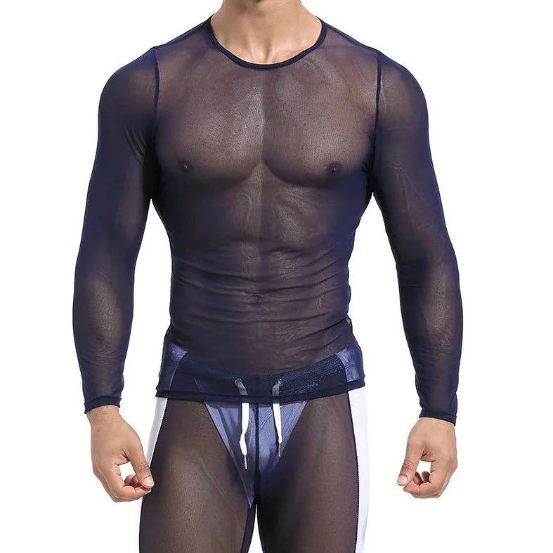 sexy gay man in blue Gay Tops | Men's Ultra-thin Transparent Long Sleeve Top - pridevoyageshop.com - gay men’s gym tank tops, mesh tank tops and activewear