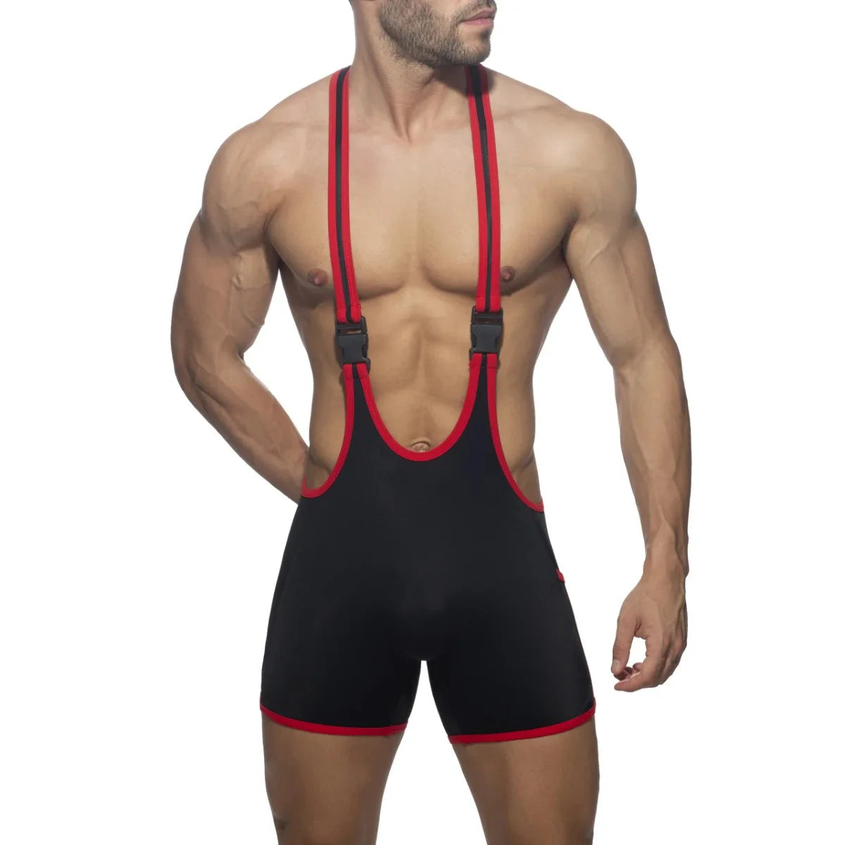 a sexy man in black Rainbow Tape Buckle Workout Singlet - Men's Singlets, Bodysuits, Leotard & Unitard - pridevoyageshop.com