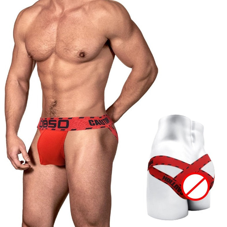 front of a man in Red OBSO Men's G-String Jockstrap Underwear - pridevoyageshop.com - gay men’s underwear and swimwear