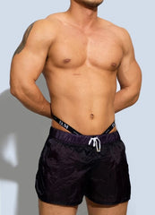 a hot gay man in Dark Purple Men's See-Thru Strap Shorts - Men's Activewear, gym short, sport shorts, running shorts- pridevoyageshop.com