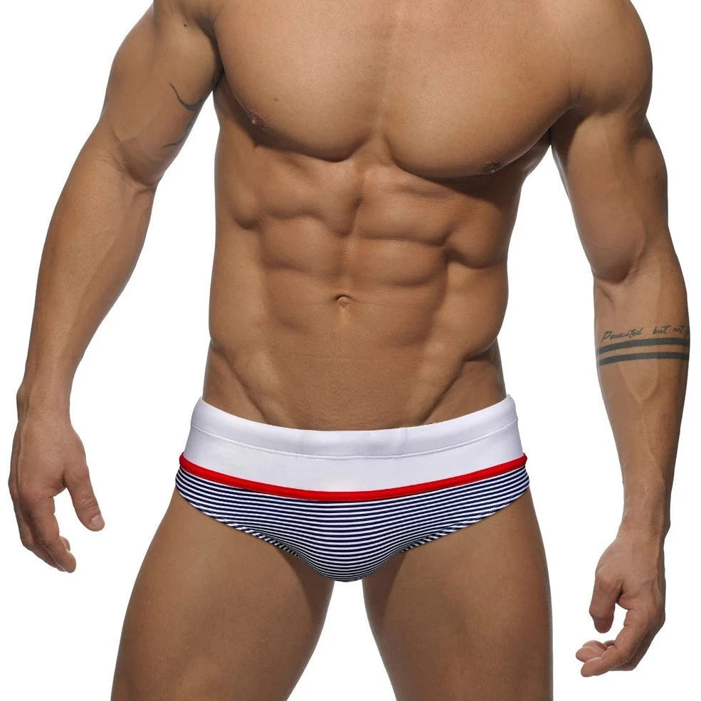 a sexy gay man in red Men's Sailor Stripe Swim Briefs - pridevoyageshop.com - gay men’s underwear and swimwear