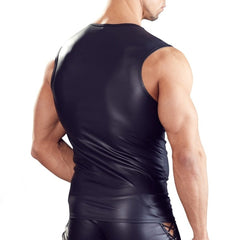 back of 2023 Gay Men's Fashion: Black Leather Deep V Neck Muscle Shirt- pridevoyageshop.com - gay men’s harness, lingerie and fetish wear