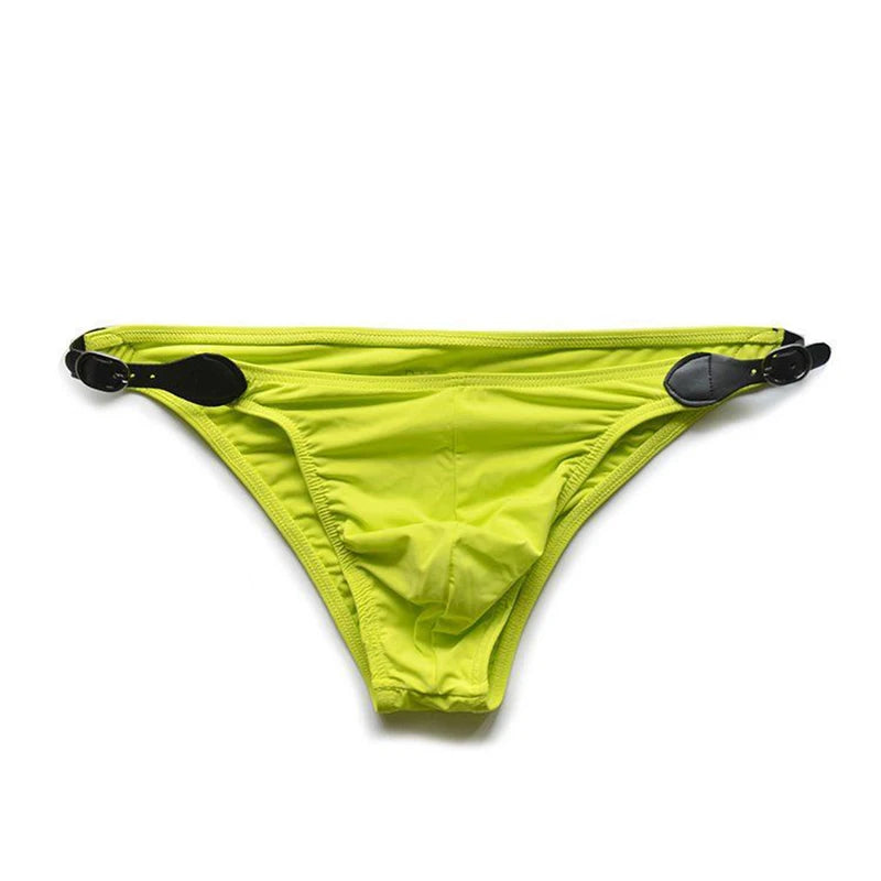 yellow VividFlash Leather Buckle Bikini Briefs - pridevoyageshop.com - gay men’s underwear and swimwear