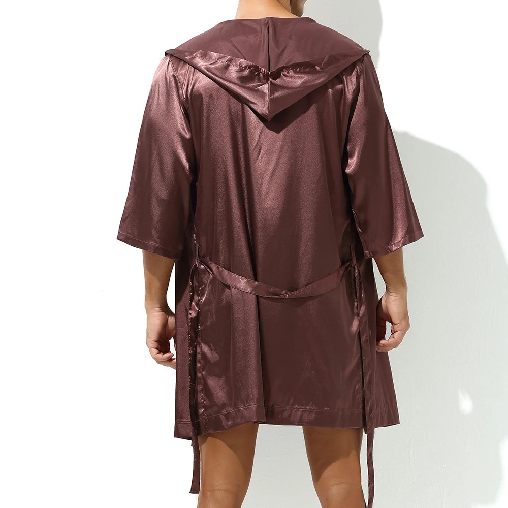 a hot guy in coffee Men's Silk Hooded Robe + Boxers - pridevoyageshop.com - gay men’s underwear and swimwear