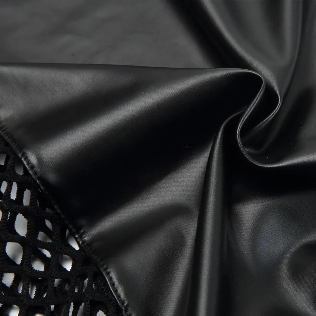 details of Men's Black PU Leather Fishnet Crop Top | Gay Crop Tops - pridevoyageshop.com - gay crop tops, gay casual clothes and gay clothes store