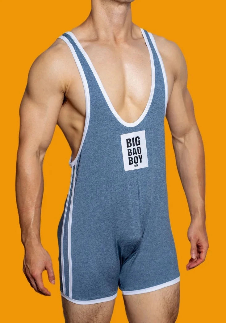 a sexy gay man in blue DM Big Bad Boy Wrestling Singlet - Men's Singlets, Bodysuits, Rompers & Jumpsuits - pridevoyageshop.com