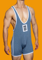 a sexy gay man in blue DM Big Bad Boy Wrestling Singlet - Men's Singlets, Bodysuits, Rompers & Jumpsuits - pridevoyageshop.com